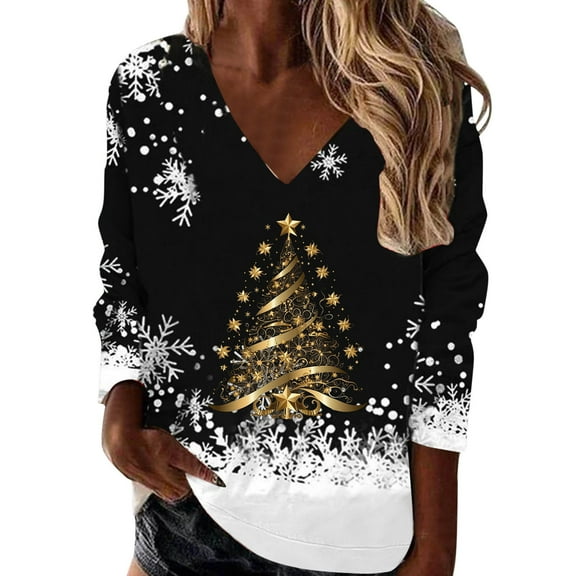 DHFJKG Women's Santa Loose Fit Pullover V Neck Golden Christmas Tree Printed Sweatshirt Long Sleeve Cozy Tops