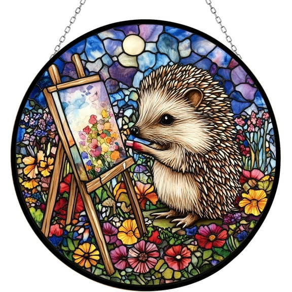 Boho Hedgehog Painter Stained Glass Window Hanging Suncatcher, Gothic Christmas Ornaments for Fiction Lovers, Dinosaur Room Decor for Nursery New Home Gifts