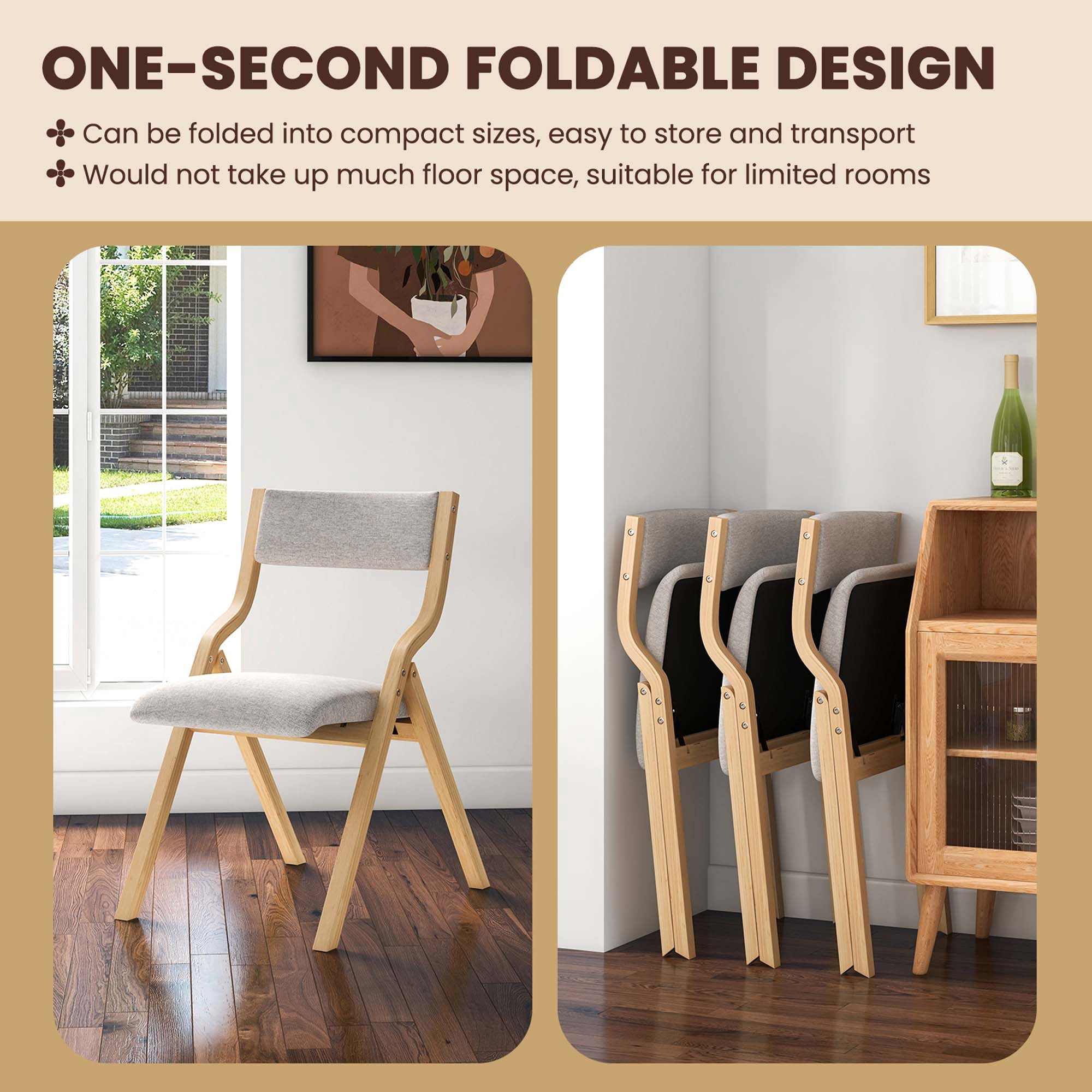 Costway Folding Dining Chair Set of 2 Wooden Upholstered Modern Linen Fabric Padded Seat