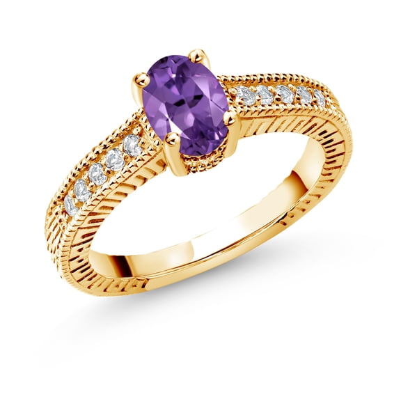 Gem Stone King 0.95 Ct Oval Purple Amethyst White Topaz 18K Yellow Gold Plated Silver Ring (Size 8)