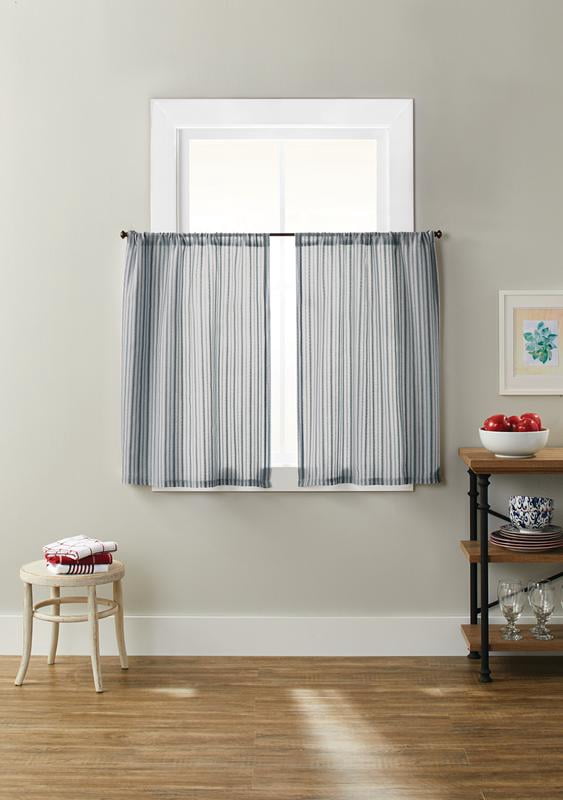 Better Homes & Gardens Ticking Stripe Light Filtering Rod Pocket Kitchen Curtain Tier and Valance Set, 3 Piece, Blue, 56 x 36