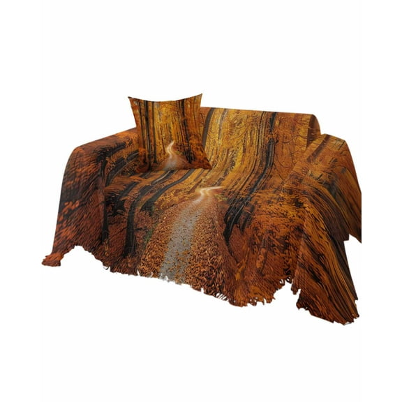 Orange Forest Path Sofa Couch Covers for Dog,Washable Sectional Couch Slipcovers for Loveseat with Tassels,Autumn Fall Nature Tree Landscape Non Slip Sofa Throw Cover Blanket Large 71''x102''
