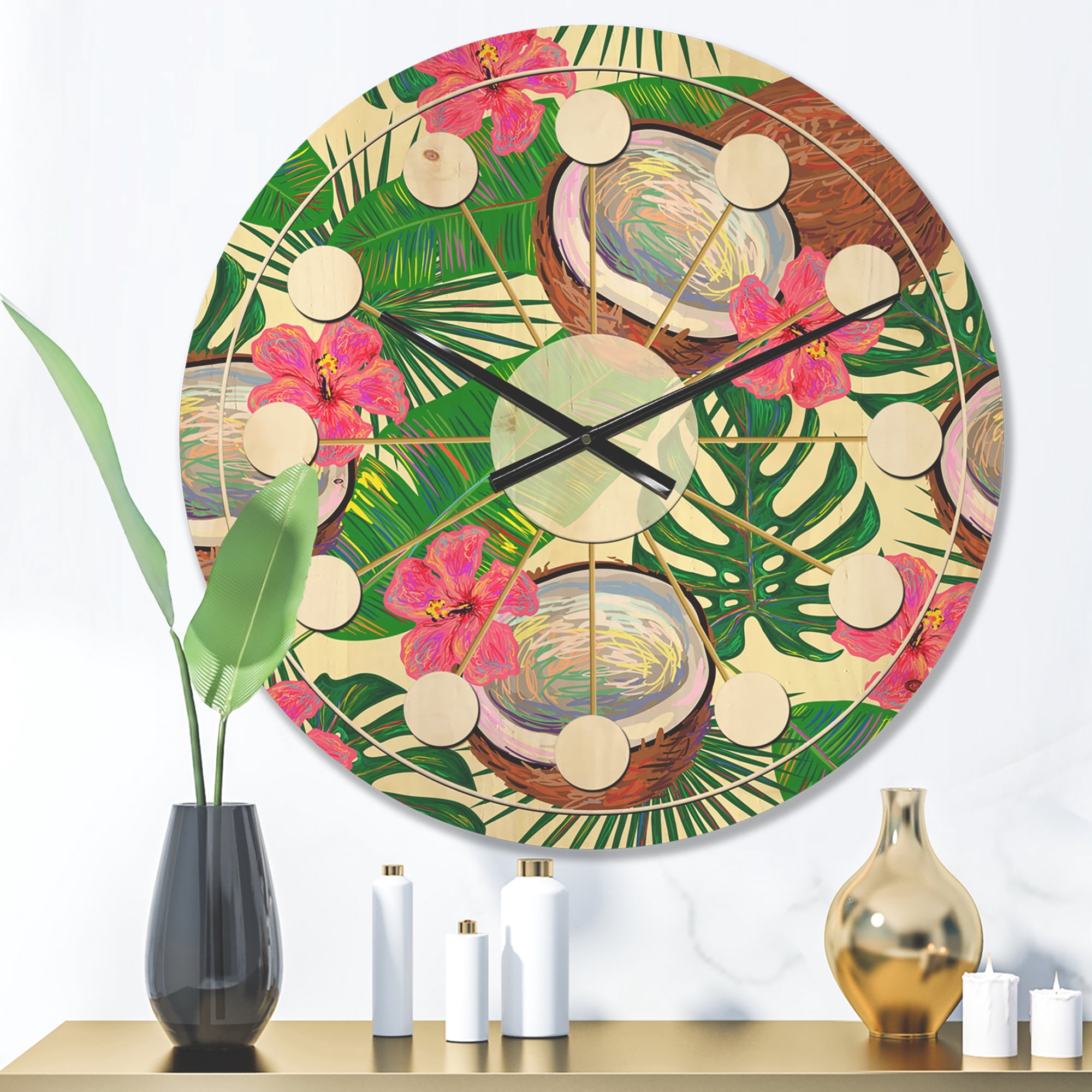 Designart 'Tropical Jungle Flowers and Cooconut' Mid-Century Modern Wood Wall Clock