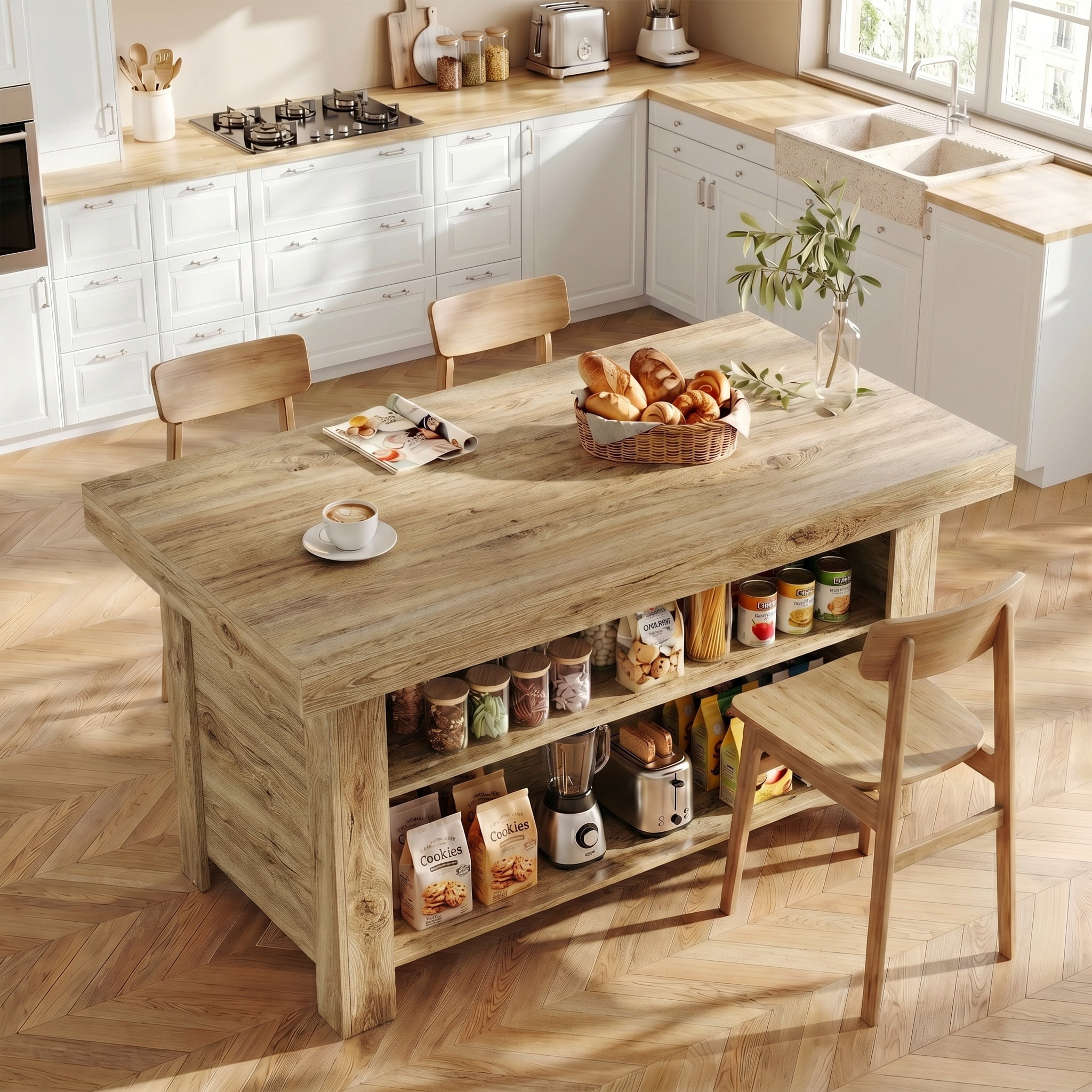 Fnova 55" 3-Tier Kitchen Island with Storage Shelf, Farmhouse Wooden Stationary Island Table with Large Worktop for Kitchen, Light Brown