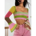 thumbnail image 2 of Women Hollow Jumper Square Neck Crochet Knit Sweater Pullover Y2k Crop Tops Long Flared Sleeve Blouse Color Block Streetwear, 2 of 6