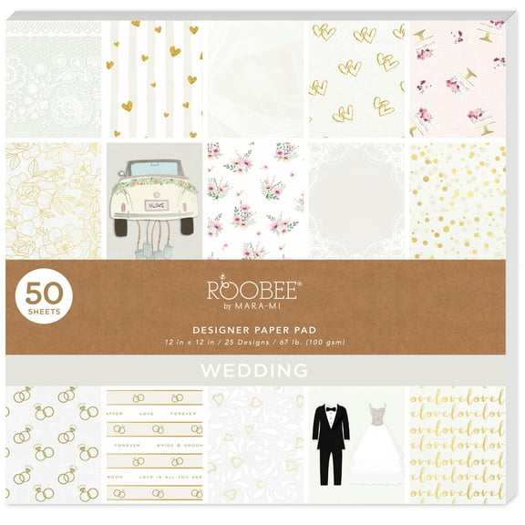 Roobee by Mara-Mi White Wedding Day Paper Pad 12" x 12" - 24 lb/ 100 GSM, 50 Sheets