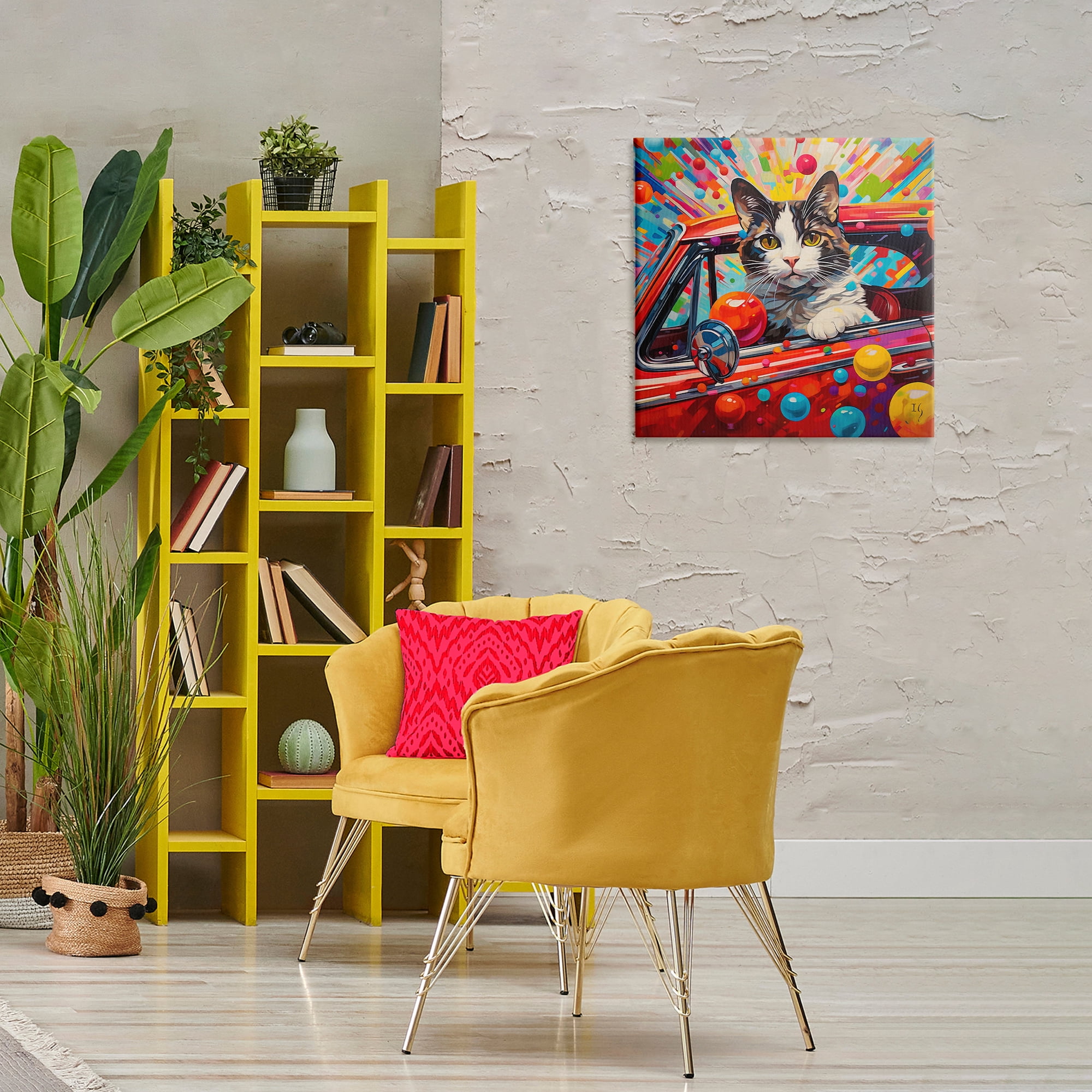 Stupell Industries Driving Cat with Bold Pattern Animals & Insects Painting Gallery Wrapped Canvas Art Print Wall Art, 24 x 24
