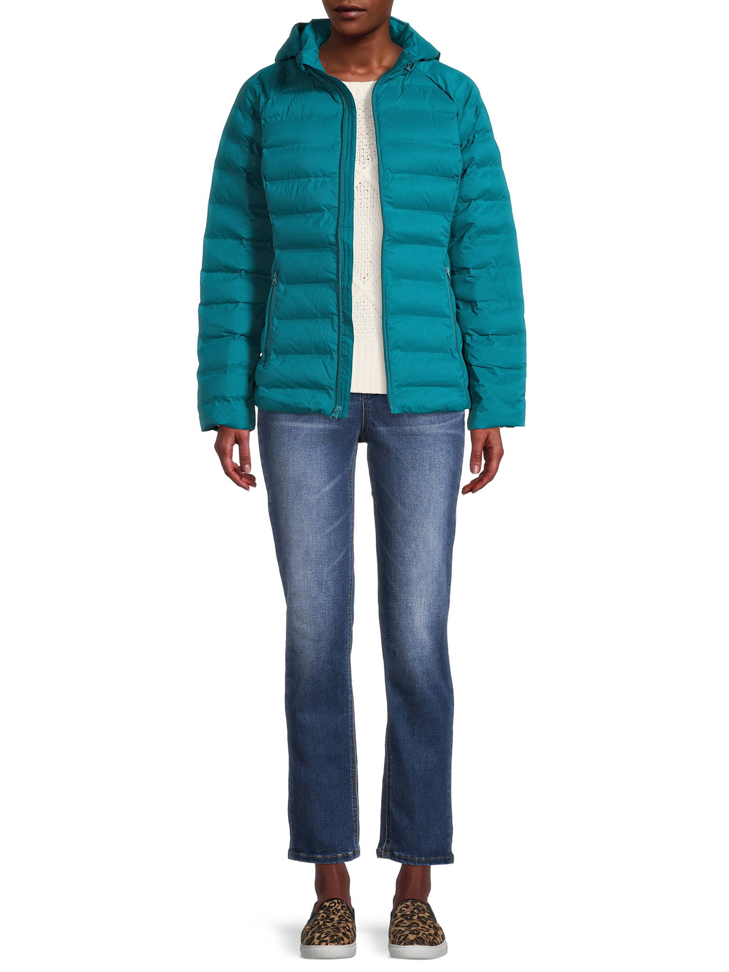 Time and Tru Women's and Plus Packable Stretch Zip Up Puffer Jacket
