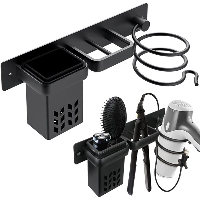 Soporte para secador de pelo montado en la pared, soporte para secador de pelo, baño, dormitorio, peinado, herramientas de cuidado de belleza, organizador, cesta de almacenamiento (negro)