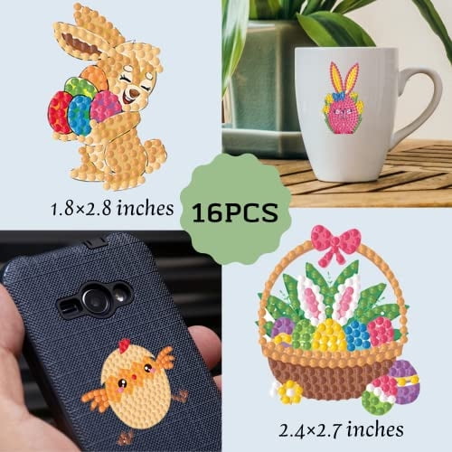 DERFILIN Juego de 16 pegatinas de pintura de diamantes para niños, 5D, huevos de Pascua, c DERFILIN DERFILIN