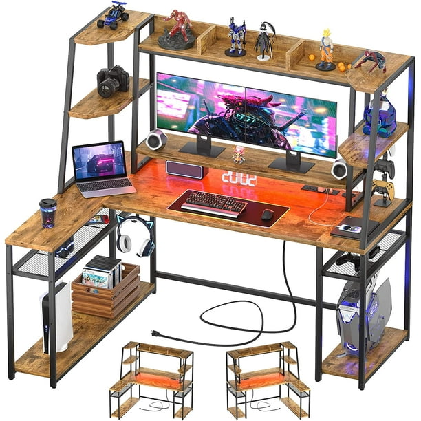Homieasy LShaped Gaming Desk with Power Outlets and LED Strip, 63