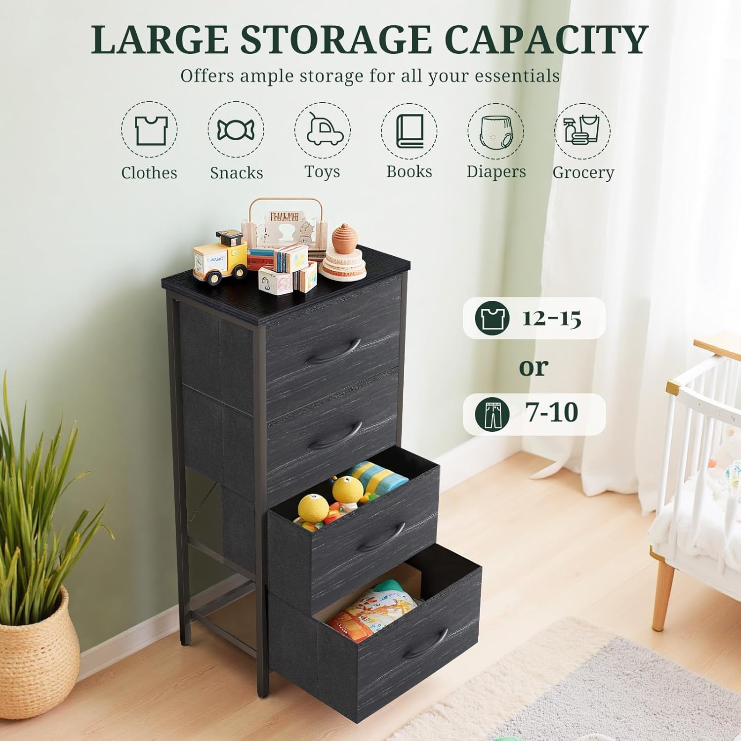 ACCVER Dresser for Bedroom 4 Storage drawer, Fabric Closet Chests Organizer Tower with Wooden Top Metal Frame for Living Room Hallway Entryway, Black Wood