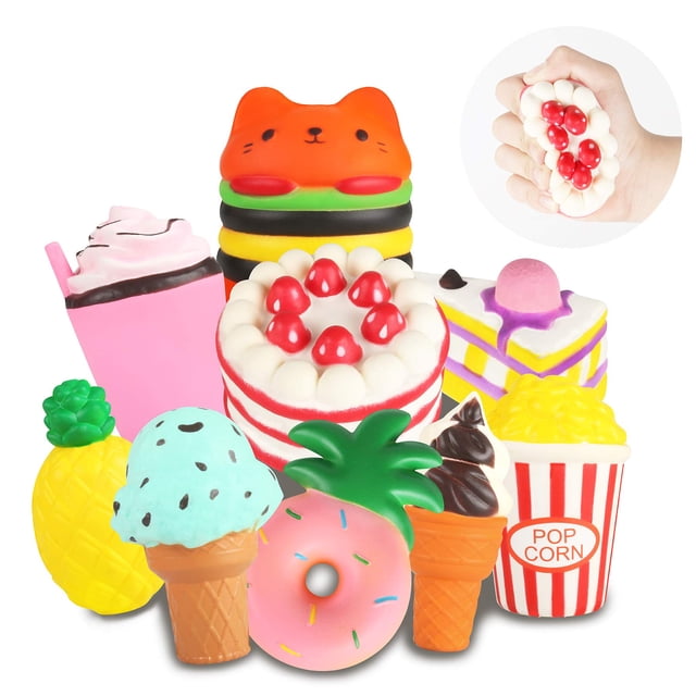 Juego de juguetes Squishies Jumbo de crecimiento lento - Paquete de 9 suaves Kawaii Squishy Hamburguesa Palomitas de maíz Pastel Helado Donut Alivio del estrés Juguete para apretar para niños y niñas
