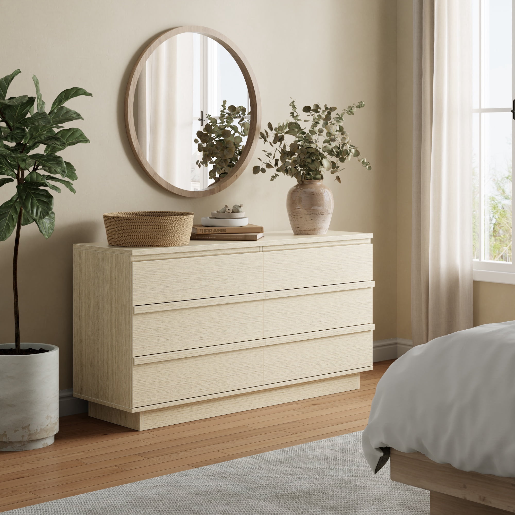 Satifur 6-Drawer Dresser, 47.2 Inch Wide Beech Wood TV Stand & Storage Cabinet for Living Room Bedroom