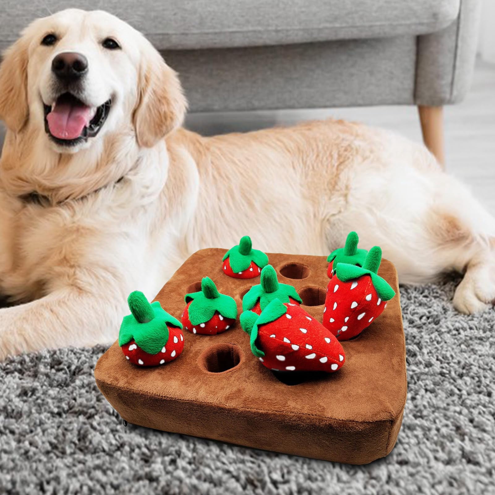 Interactive Strawberry Pulling Plush Toy for Dogs – Snuffle Puzzle Toy,Soft Foraging Toy for Pets with Hidden Treat Pockets