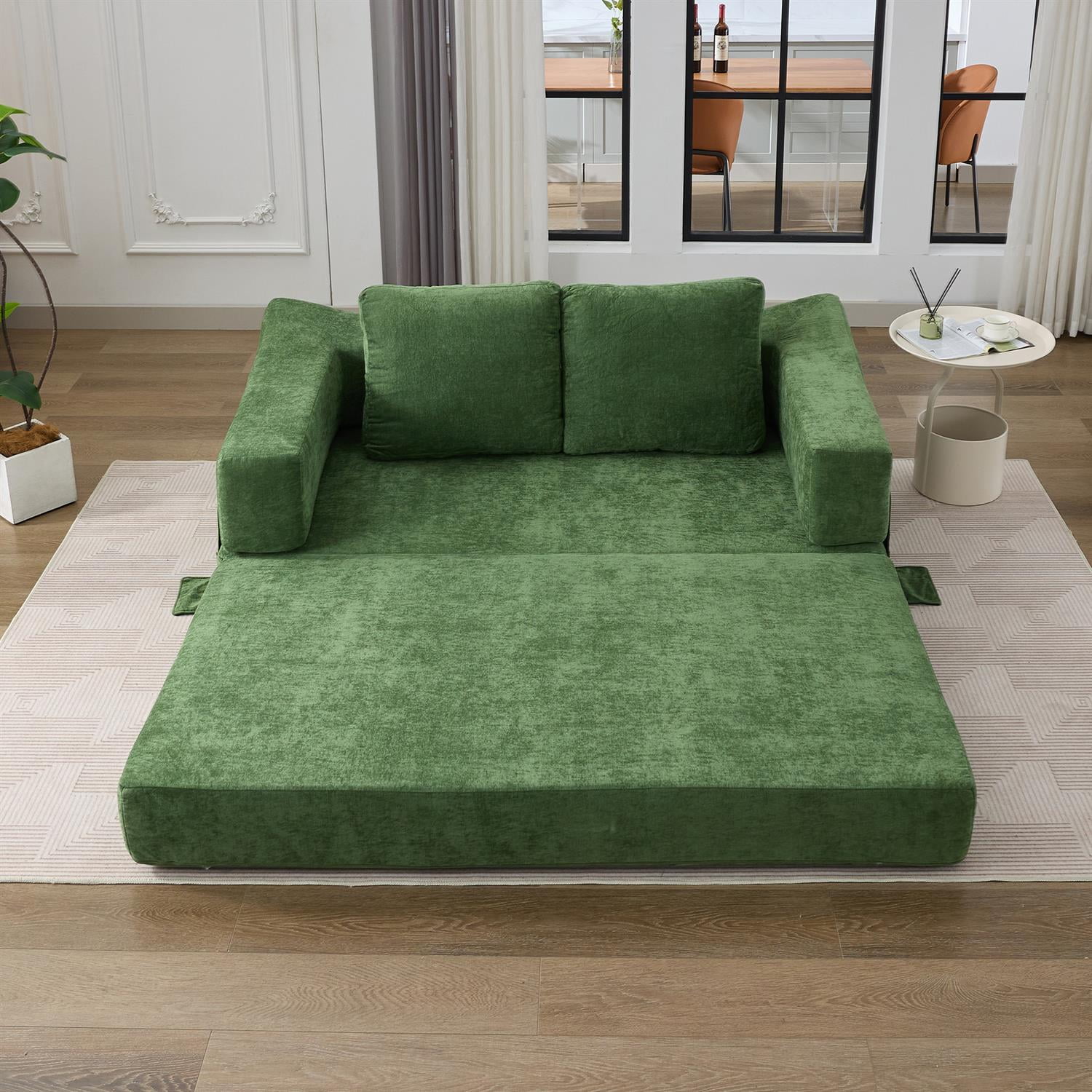 Demi Bonn 70" Modern Minimalist Convertible Sofa Bed, Fold-Out Sofa Chair, Versatile Floor Couch & Mattress for Living Room, Bedroom, Apartment, Removable Backrest, Green