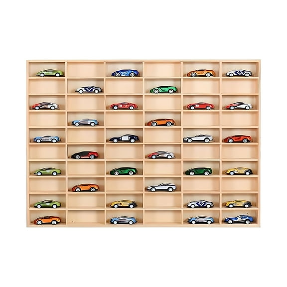 CHZIMADE 1/64 Wooden Wall Mount Display Case Holds 60 Toy Cars Wooden Wall Mount Car Display Shelf Storage Organizer Case for Toy Collectibles