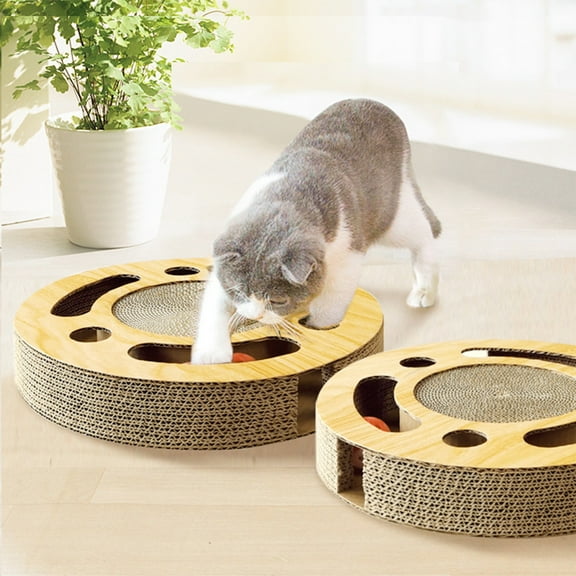 HWRETIE Interactive Cat Toy 2-in-1 Scratching Post and Ball Game Corrugated Cardboard Durable Cat Play Mat