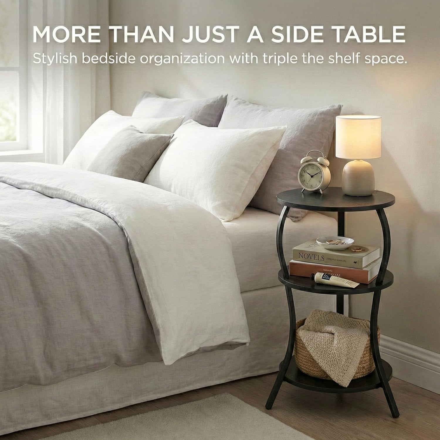 ZEXVIDA Vintage Small Round Side Table, 3-Tier Circular End Table with Storage Shelf, Compact Tea Sofa Table, Round Corner Coffee Table Nightstand for Living Room Bedroom Small Spaces,Black