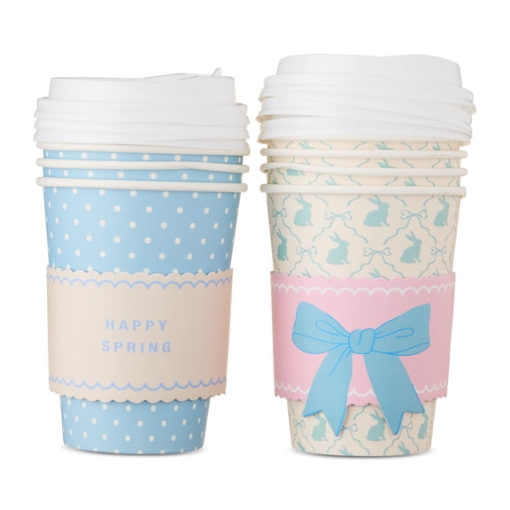 Bunnies and Polka Dots Disposable Paper Cups with Lids, Multicolor, 14 oz, Easter by Way To Celebrate, 7.48x6.3 inch, 8 Pieces