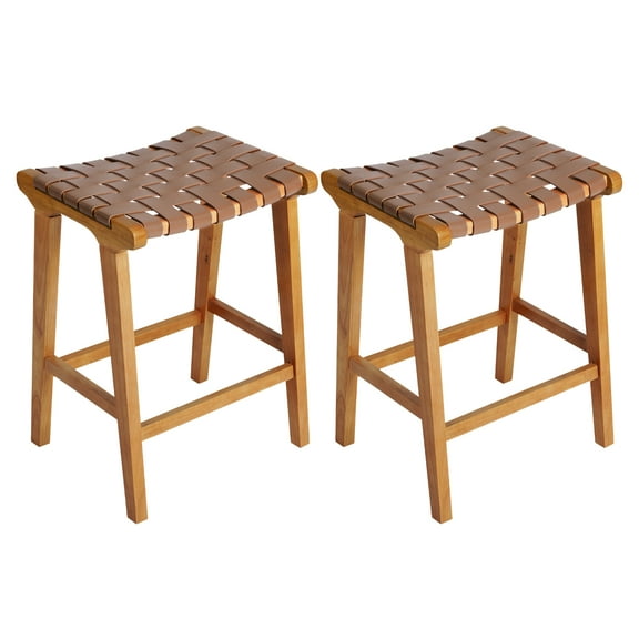 24 Inch Height Bar Stools, Faux Leather Woven Strips Counter Stools Backless Weave Bar Stool , Set of 2, Teak Brown