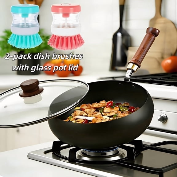 2-Pack Japanese Cast Iron Wok with Glass Lid, Induction Compatible Non Stick Works on All Stoves, Heavy Duty Even Heat Distribution, Traditional Asian Kitchenware