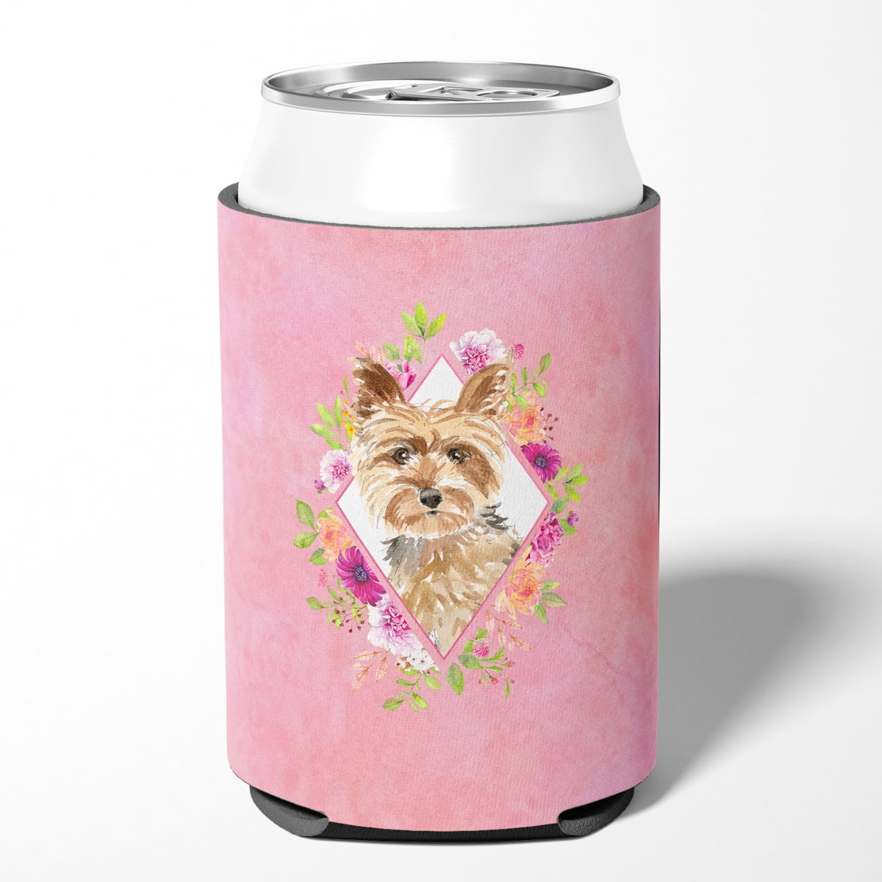 Yorkie Pink Flowers Can or Bottle Hugger