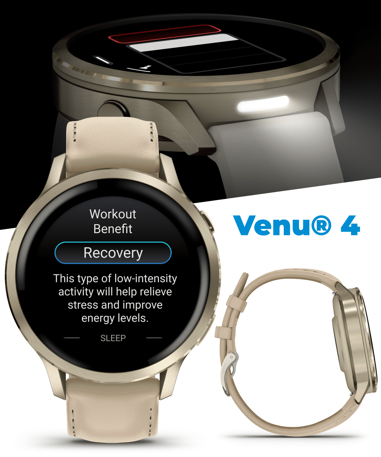 Garmin Venu 4 - 41mm AMOLED Advanced Health & Fitness GPS Smartwatch, Colorful Display, Flashlight, Lunar Gold w/Bone Silicone & Light Sand Leather Bands w/Wearable4U PowerBank Bundle