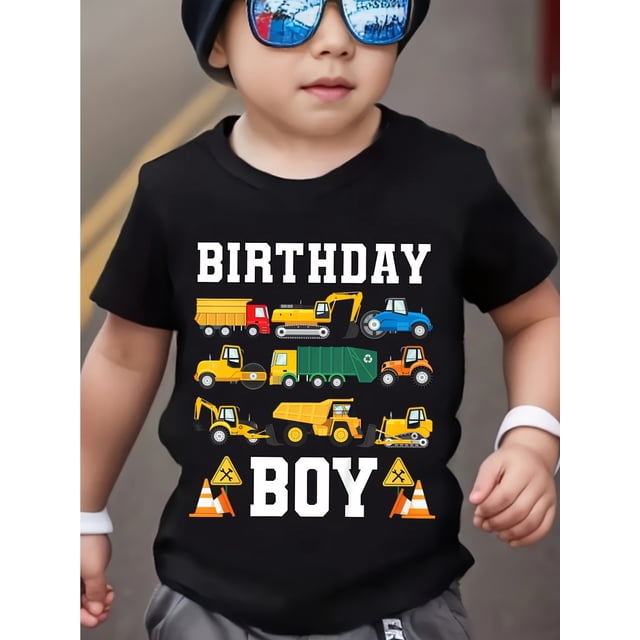 Boys' Summer Short-Sleeve T-Shirt "BIRTHDAY BOY" with Colorful Construction Vehicle Print Round Neck, Casual Fit Hand Wash or Dry Clean,Casual Youngsters's Clothing Playful Print Tee Colorful Design