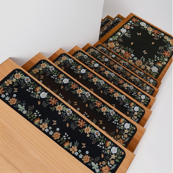 Floral Stair Treads Non-Slip 15PCS Landing Mat, Carpet for Wooden Steps Indoor 30"x8" Runner Mats Staircase Step Kids, Elders and Dogs, Covers, Black