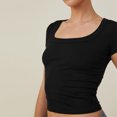 thumbnail image 3 of Camiseta de manga corta slim fit color puro cuello cuadrado transpirable mujer camiseta para desplazamientos, 3 of 5