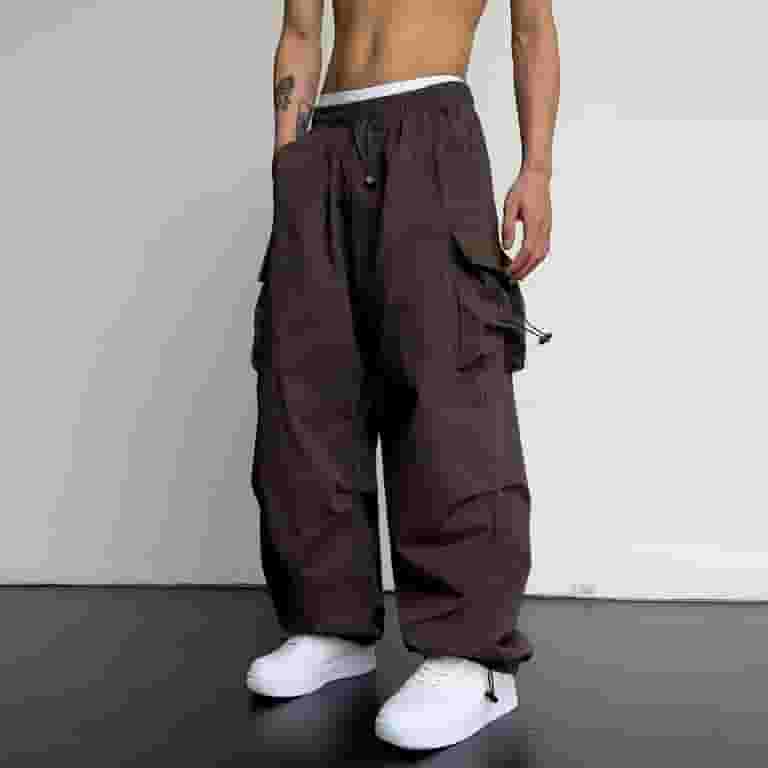 【BAON】Watchun banding brushed parachute cargo pants DxhmoneyHX Men's Baggy Cargo Pants Trendy Casual Parachute