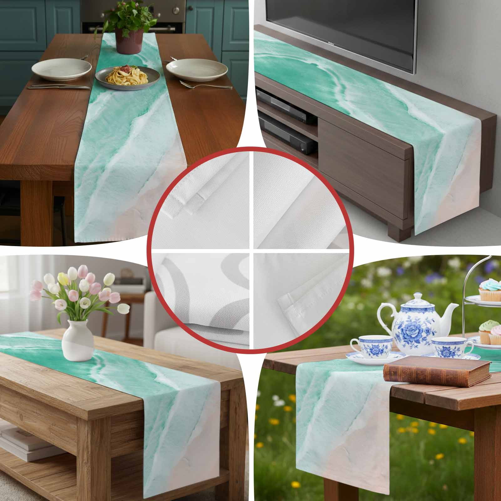 Summer Beach Green Water Ripples Table Runner 90 Inches Long, Coastal Seaside Waves Table Runners Tabletop Scarf Kitchen Dining Tables Decoration for Home Party Indoor Outdoor
