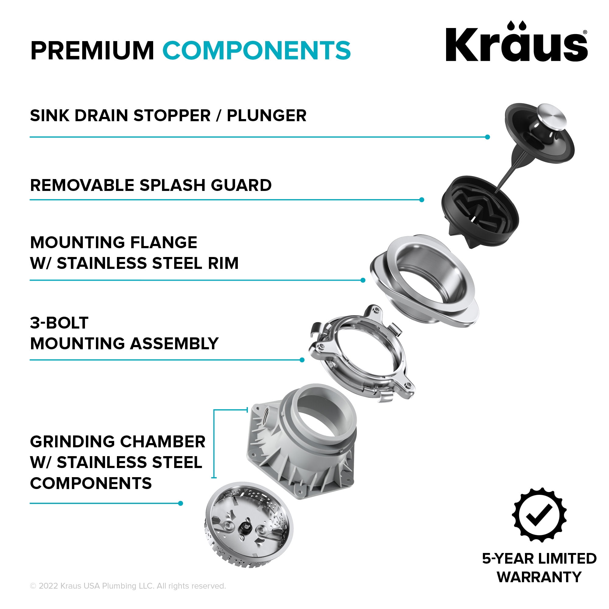 Kraus KWD210-75MGR 3/4 Hp Continuous Feed Garbage Disposal - Grey