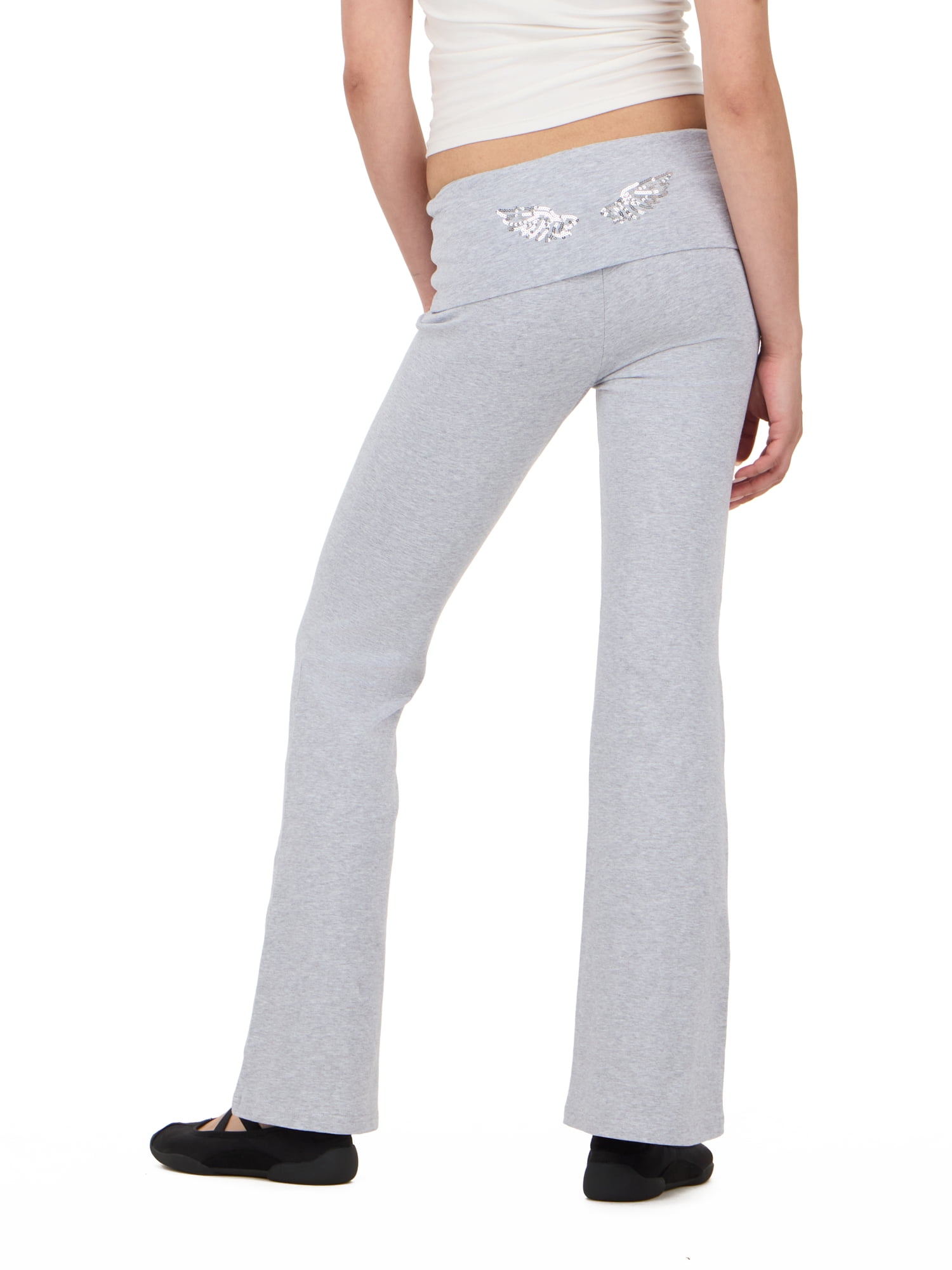 Forever 21 Women's Jersey Fold Over Waist Pants with Graphic Detail, Flare Leg Lounge Pants, Stretch Casual Everyday Comfort Style, Grey, XXS-4X