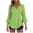 thumbnail image 2 of Craaazy Women's Relaxed Fit V Neck Blouse, Solid Color 3/4 Sleeve Flare Cuff Top, Loose Comfy Button Accent Casual Tee for Spring & Summer Gifts, 2 of 7