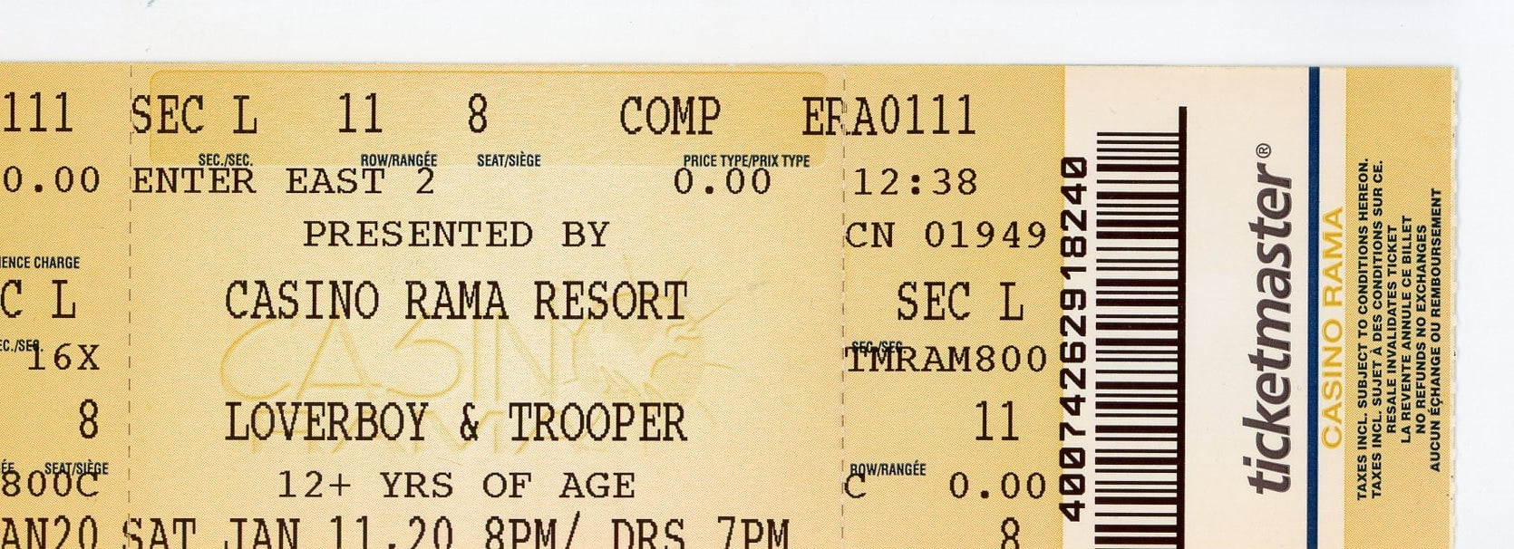 Ticket de Concert Loverboy & Trooper Stub Casino Ramadan (Orillia, 2020)