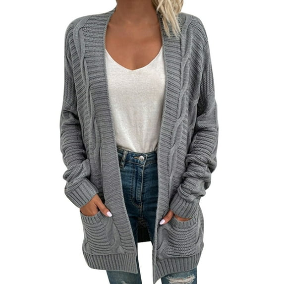 Long Cable Knitted Sweater Autumn Women Coat Pockets Round Neck Outwear Solid Color Cardigan Fashion Loose Knitwear Open Front Warm Pullover