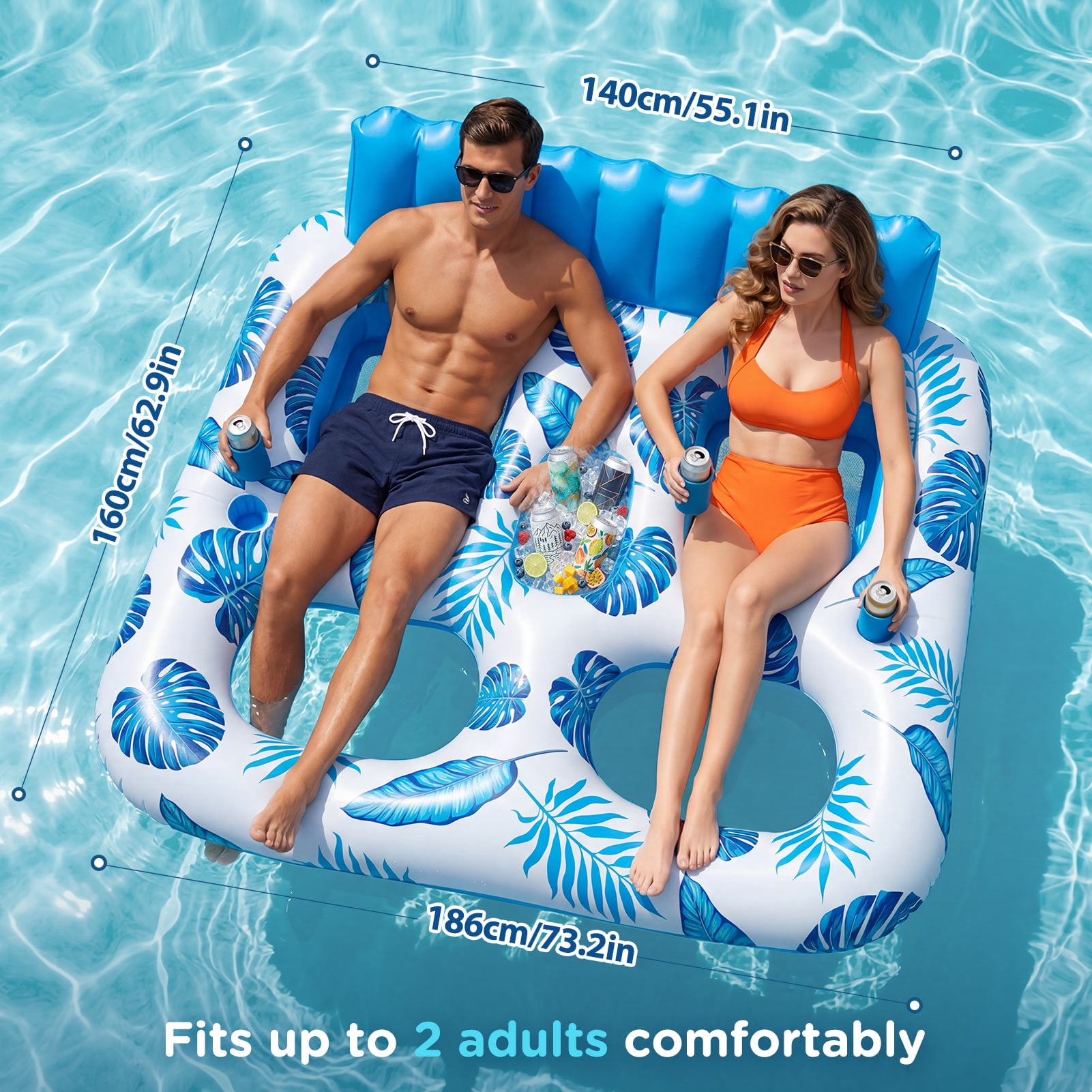 Livhil Inflatable Pool Float, 2 Person Pool Floats for Adults, Double Inflatable Lounger Pool Raft with Backrest & Cup Holders, Summer Water Fun for Pool Beach Lake, Blue