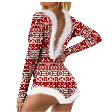 

BELLZELY Pajamas for Women Plus Size Clearance Women’s Christmas Not Positioned Print V-neck Backless Feather Detail Long Sleeve Cute Bodysuit Cute Lingerie Pajamas