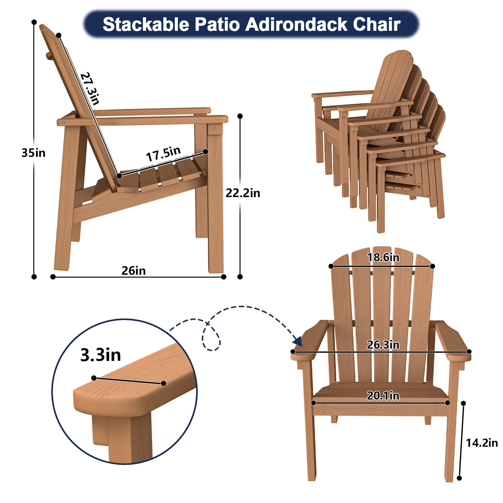 Cobiod Stackable Adirondack Chairs Set of 2, HDPE All-Weather Patio Chairs, Wood Grain Ergonomic Outdoor Chairs, Cedar