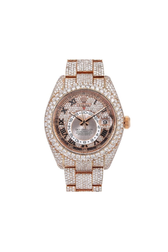 Pre-Owned Rolex Sky-Dweller 42MM 326935 Diamond Paved Roman Dial Diamond Bezel 18K Rose Gold Full Diamond Oyster Bracelet