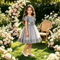 thumbnail image 3 of EnJoCho Girls Sequin Dress Puff Short Sleeve 3D Rose Waist Tulle Formal Gown For Little Girls Toddler Wedding Birthday Party Holiday Princess Dress, 3 of 5