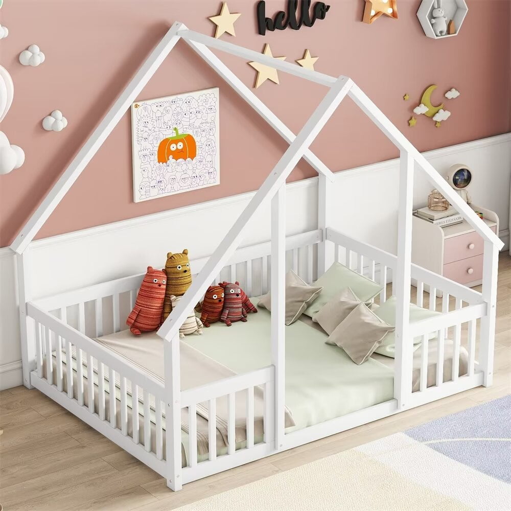 Full Size Floor Bed for Kids Toddlers, Wooden Montessori Bed Frame with Roof and Fence Guardrails, Playhouse Bed Tent Bed for Boys Girls Bedroom, Easy Assembly, White