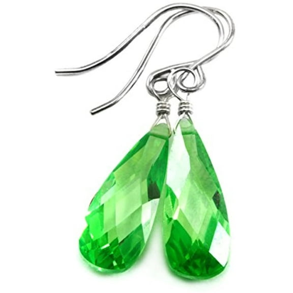 Sterling Silver Cubic Zirconia Green Earrings Faceted Long Teardrop Simulated Peridot In Cz Narrow Dangles Designed for Adult Women 1.4"