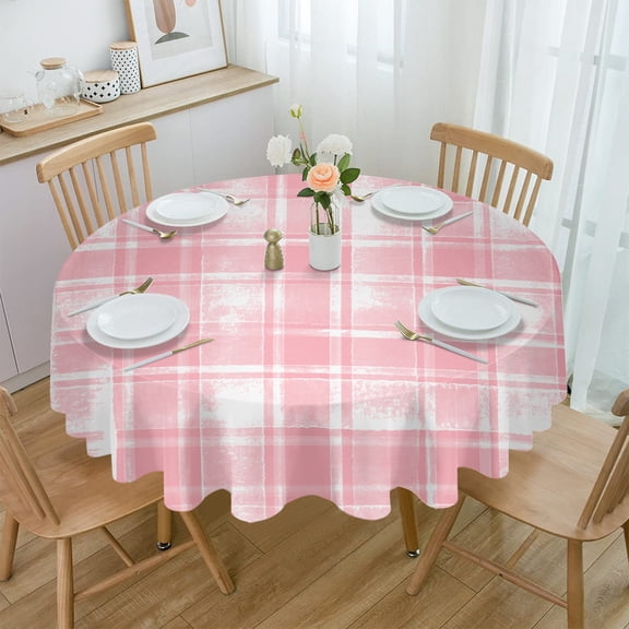 Pink Watercolor Mottled Checkered Plaid Waterproof Tablecloth Table Decoration Wedding Home Kitchen Dining Room Round Table