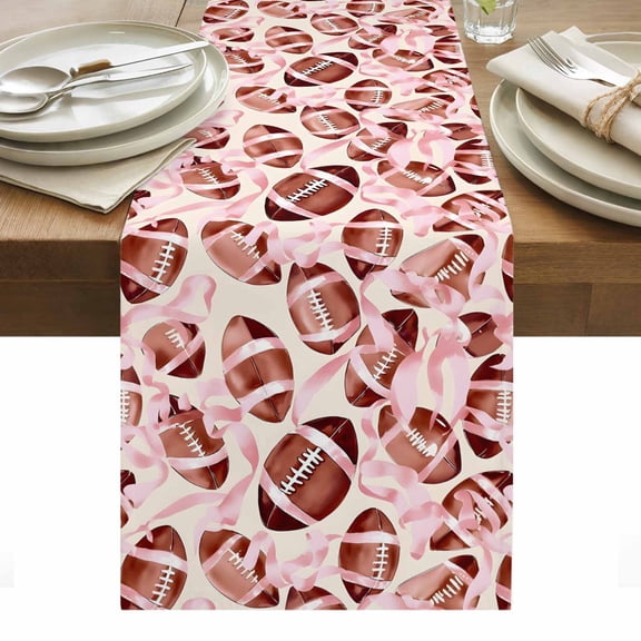 Pink Football Ribbon Table Runner - 48 Inch Long, Kitchen Dining Table Runner Dresser Scarves, Modern Game Ball Watercolor Farmhouse Decor for Coffee Tables Wedding Party Banquet