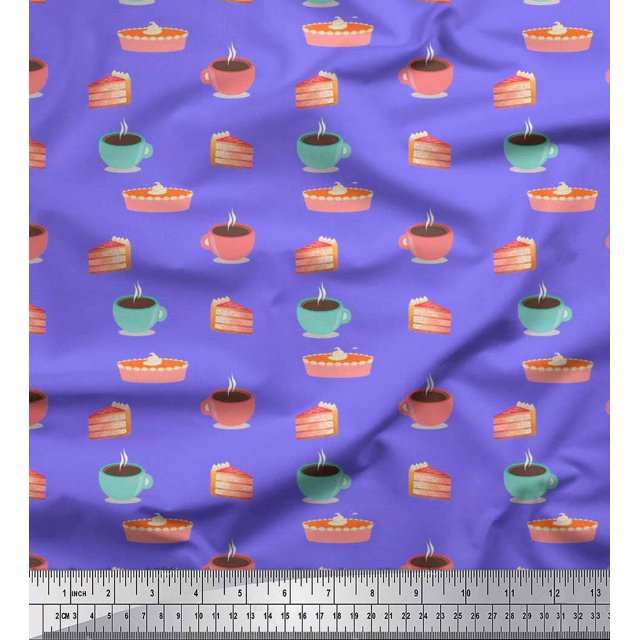Soimoi Moss Georgette Fabric Cake Slice & Coffee Beverages Print Sewing Fabric Yard 42 Inch Wide