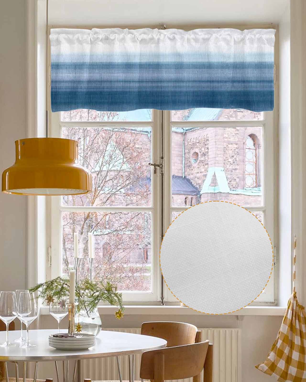 Haze Blue White Ombre Kitchen Valances for Windows Farmhouse Linen Window Valance Curtain for Living Room Window Treatment Vintage Gradient Striped Aesthetics Valance Rod Pocket Topper, 42 x 18 Inch