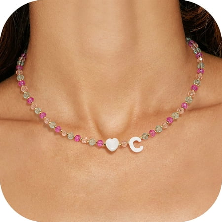 Turandoss Colorful Beaded Dainty Heart Initial Choker Necklace for Women Girls Letter A-Z Boho Beads Adjustable Jewelry Personalized Birthday Gifts for Her Teen Girl